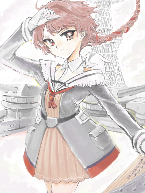 1girl animal animal_on_shoulder braid brown_hair collared_shirt dress floating_hair gloves goat kantai_collection long_sleeves looking_at_viewer multicolored_hair nevada_(kancolle) red_eyes red_hair rigging shirt simple_background single_braid sleeveless sleeveless_shirt solo sowamame turret white_gloves