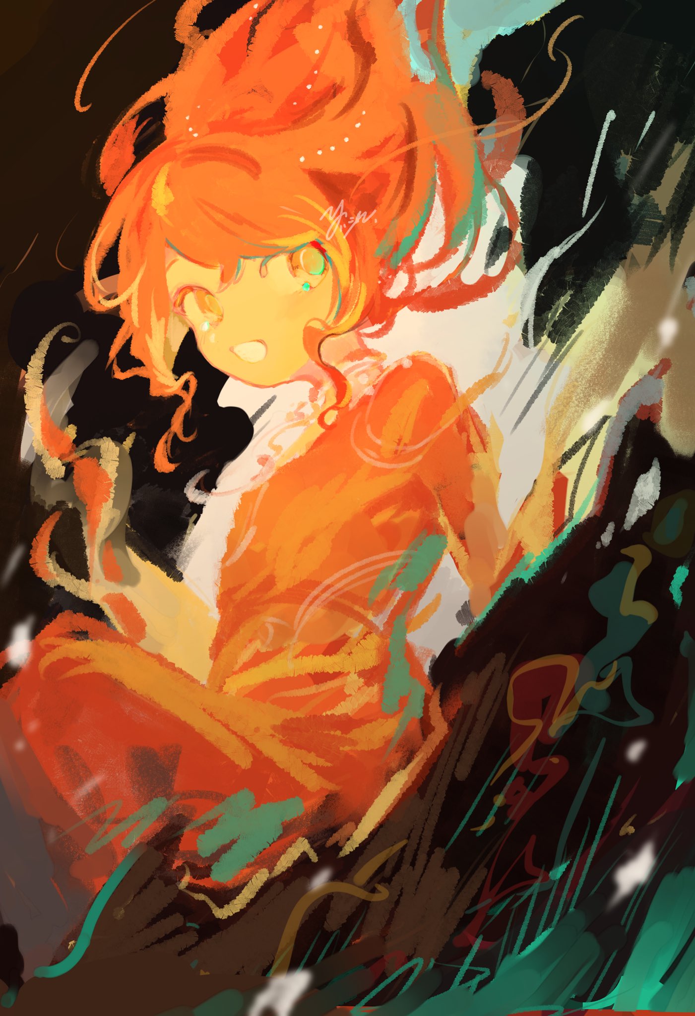 1girl :d artist_name dark_background elemental_(creature) fiery_hair fire fire_elemental full_body highres looking_to_the_side orange_eyes reverse:1999 signature sketch smile solo tree_bark ulu_(reverse:1999) yoru_no_hazi