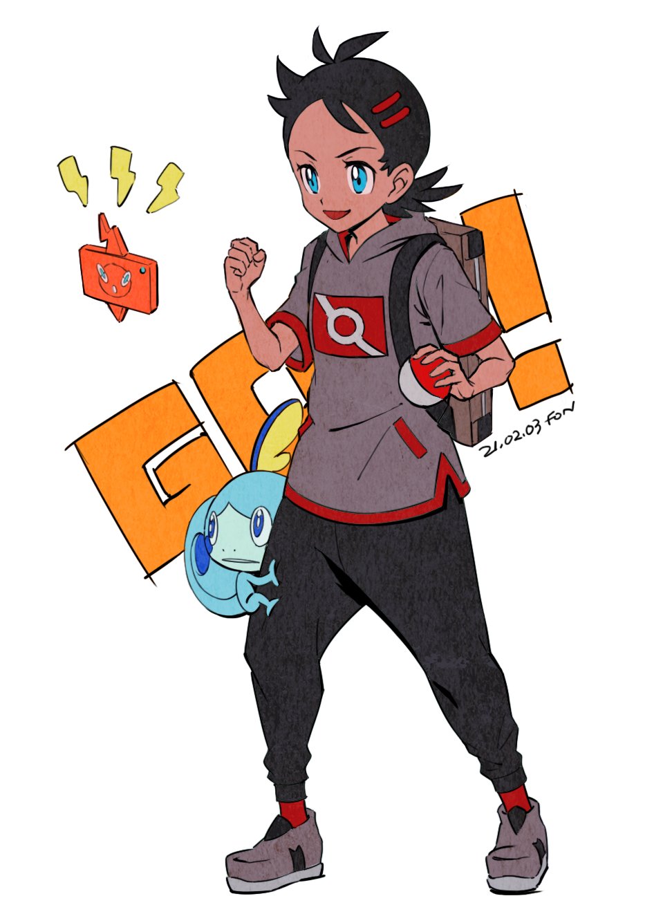 1boy androgynous black_pants blue_eyes character_name clenched_hand dated fon-due_(fonfon) full_body goh_(pokemon) grey_footwear grey_shirt highres holding holding_poke_ball male_focus pants poke_ball poke_ball_(basic) pokemon pokemon_(anime) pokemon_journeys red_socks rotom rotom_phone shirt short_hair signature sobble socks solo standing