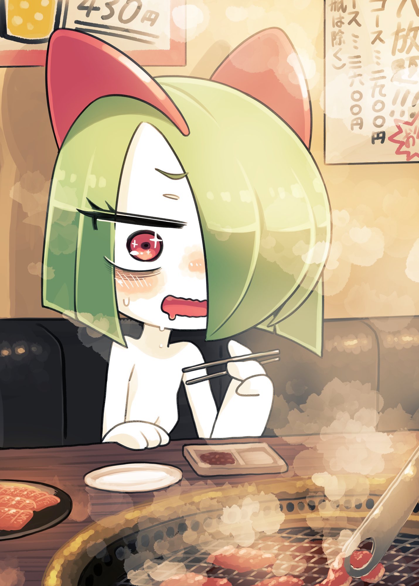 bags_under_eyes chopsticks colored_skin drooling food green_hair hair_over_one_eye highres holding holding_chopsticks horns ino_(tellu0120) kirlia meat multicolored_skin pink_eyes pokemon pokemon_(creature) restaurant sidelocks sitting sparkling_eyes steam sweatdrop two-tone_skin white_skin yakiniku