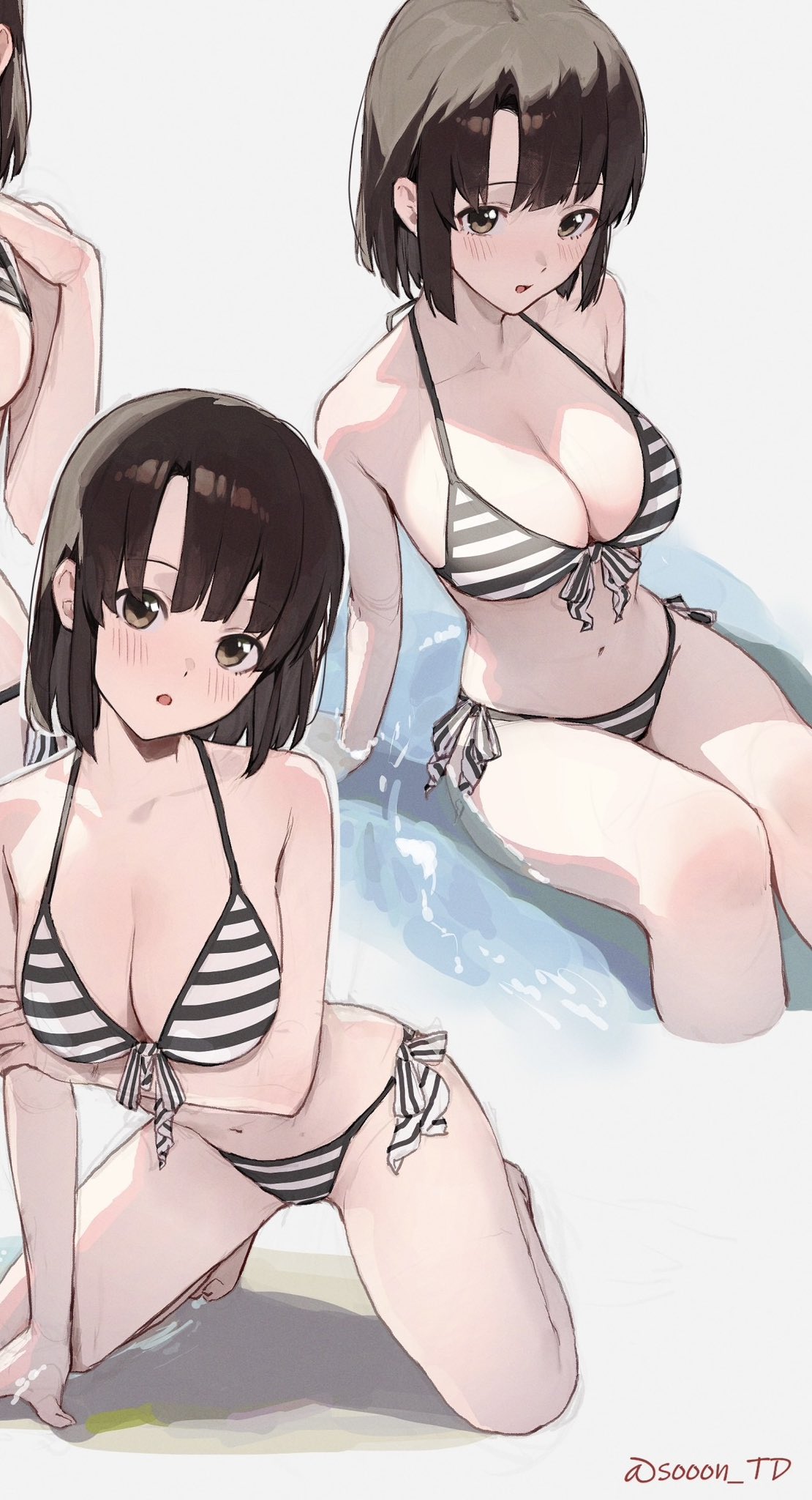 1girl bikini black_bikini black_hair breasts brown_eyes cleavage cropped_legs feet_out_of_frame highres katou_megumi kneeling medium_breasts multiple_views saenai_heroine_no_sodatekata short_hair side-tie_bikini_bottom sooon string_bikini striped_bikini striped_clothes swimsuit white_background