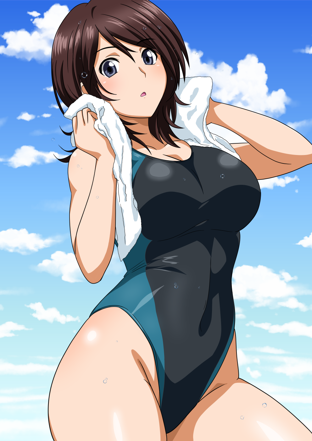 1girl amagami black_hair black_one-piece_swimsuit blue_sky breasts cloud competition_swimsuit covered_navel cowboy_shot grey_eyes highleg highleg_swimsuit highres large_breasts looking_at_viewer medium_hair one-piece_swimsuit sky solo swimsuit takahashi_maya towel towel_around_neck two-tone_background white_towel yuuyuu_(3jjbn)