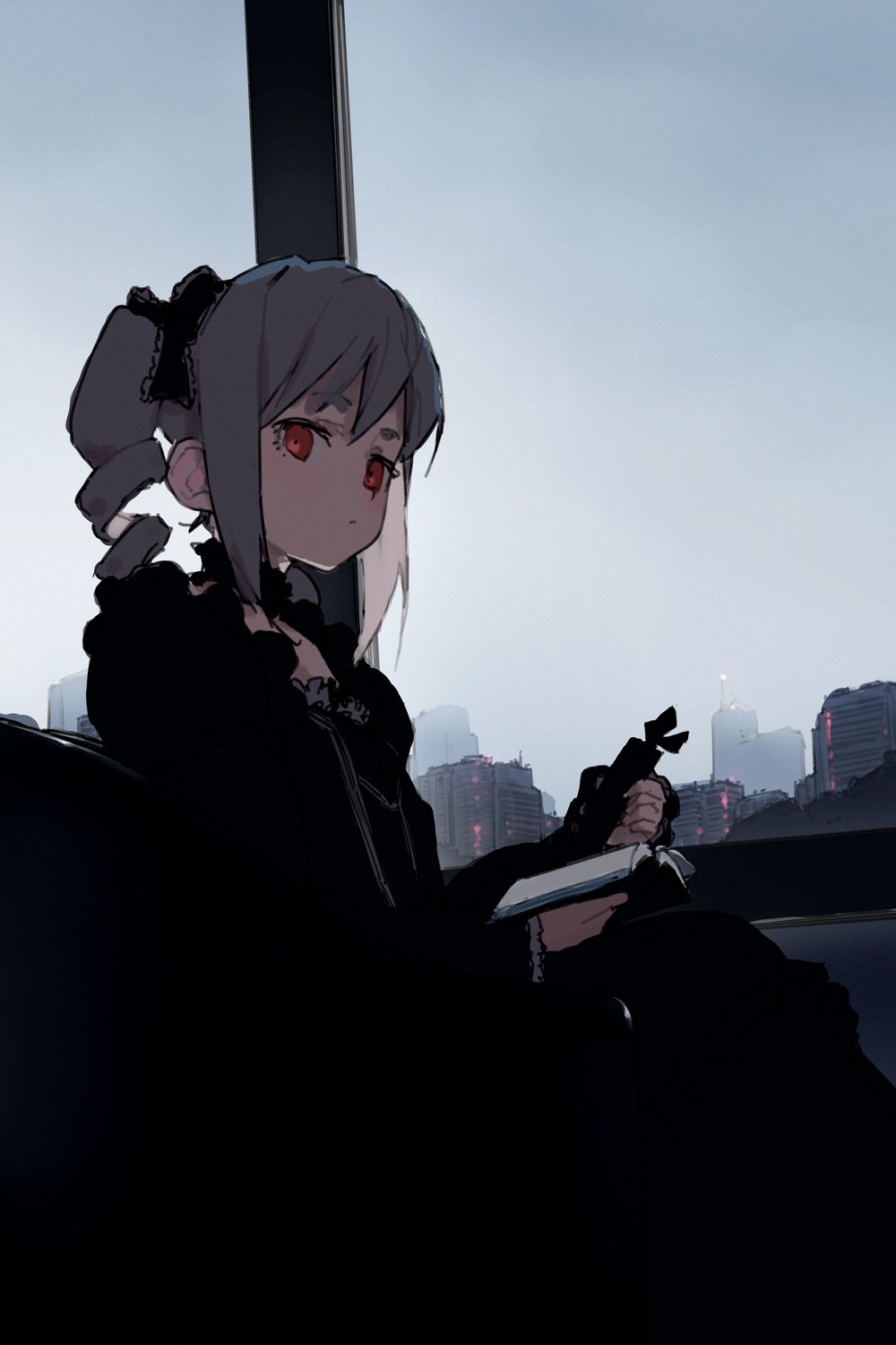 1girl black_dress book building cityscape dress drill_hair expressionless gothic_lolita grey_hair highres holding holding_book idolmaster idolmaster_cinderella_girls kanzaki_ranko konekone lolita_fashion looking_at_viewer overcast red_eyes sky solo twin_drills window