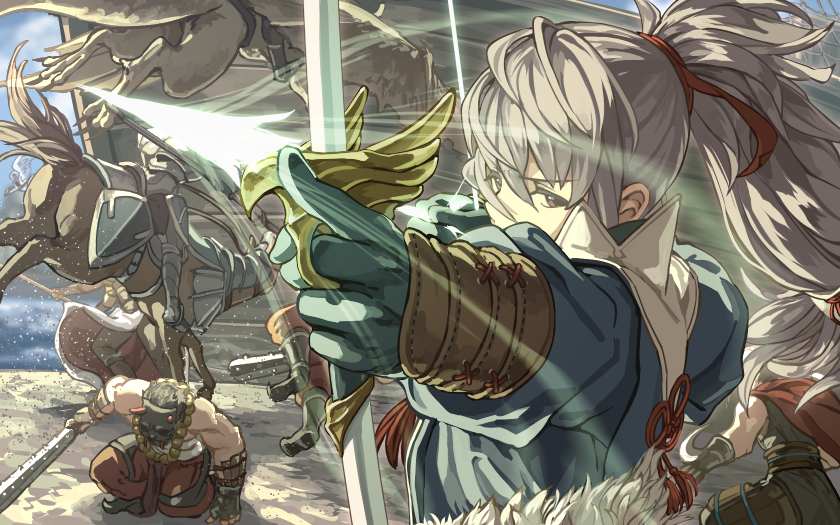 2others 3boys aiming ambiguous_gender animal archery armor arrow_(projectile) barding battle beach bead_necklace beads black_footwear black_gloves black_hair blue_sky boots bow_(weapon) bracer breastplate brown_eyes cape cavalry charging_forward cloud club_(weapon) commentary_request dated_commentary day drawing_bow ears faulds fire_emblem fire_emblem_fates foreshortening frown fujin_yumi_(fire_emblem) fur_trim glaring gloves greaves group_battle harusame_(rueken) high_ponytail holding holding_arrow holding_bow_(weapon) holding_polearm holding_weapon horse horseback_riding japanese_clothes jewelry jumping kanabou knight lance long_hair long_sleeves looking_ahead mask multiple_boys multiple_others necklace net ocean one_knee oni_mask outdoors polearm ponytail red_cape reins riding saddle sailing_ship sand sarashi serious shiny shiny_hair ship shore short_hair sidelocks silver_hair sky sleeveless spiked_club standing takumi_(fire_emblem) tied_hair tsurime upper_body water watercraft weapon yumi_(bow)