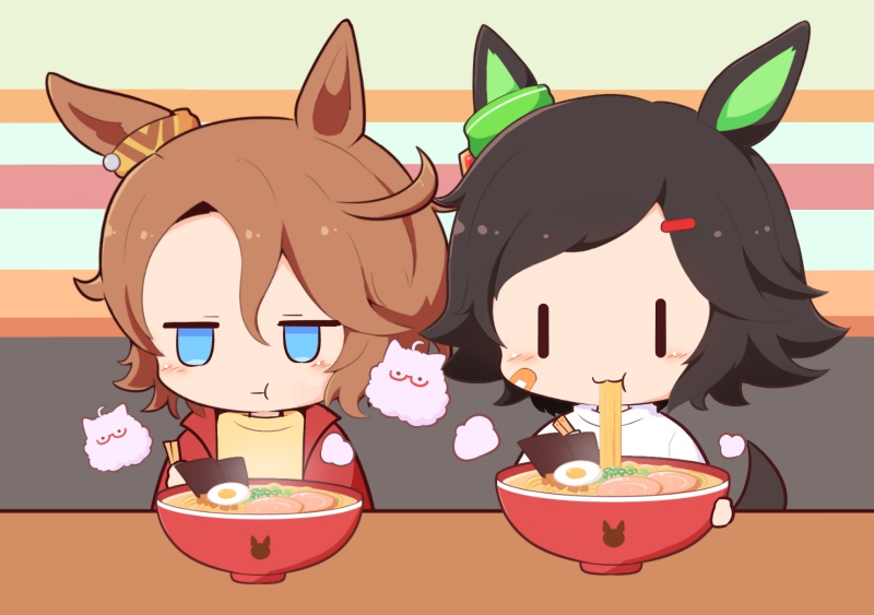 ._. 2girls :t ahoge animal_ears biwa_hayahide_(umamusume) black_hair blue_eyes blush_stickers bowl brown_hair brown_shirt chibi chopsticks closed_mouth eating food glasses gomashio_(goma_feet) hair_between_eyes hair_ornament hairclip holding holding_chopsticks horse_ears horse_girl horse_tail jacket jitome multiple_girls narita_taishin_(umamusume) noodles open_clothes open_jacket parted_bangs red-framed_eyewear red_jacket semi-rimless_eyewear shirt swept_bangs tail umamusume under-rim_eyewear white_shirt winning_ticket_(umamusume)