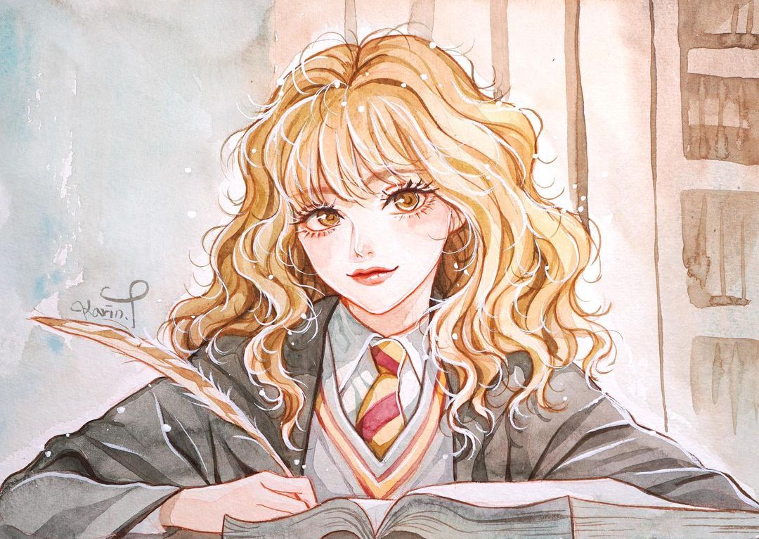 1girl artist_name black_coat blonde_hair book coat diagonal-striped_clothes diagonal-striped_necktie eyelashes facing_viewer harry_potter_(series) hermione_granger holding karin_park korean_commentary light_smile long_hair looking_ahead medium_hair necktie painting_(medium) school_uniform solo striped_clothes traditional_media watercolor_(medium) wavy_hair wizarding_world