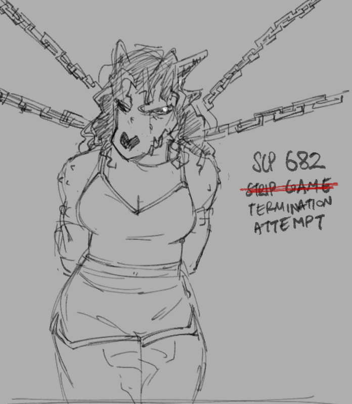 2022 anterior_nasal_aperture anthro anthrofied bone bottomwear breasts chain chain_leash character_name cleavage clothed clothed_anthro clothed_female clothing collar cuknite32 digital_media_(artwork) english_text female female_anthro front_view grey_background greyscale grumpy hair hands_behind_back horn leash lizard long_hair messy_hair monochrome monster mouth_closed non-mammal_breasts portrait reptile restrained_arms restraints scales scalie scp-682 scp_foundation sharp_teeth shirt shorts simple_background sketch skull skull_head snout solo spikes strikethrough tank_top teeth text three-quarter_portrait topwear