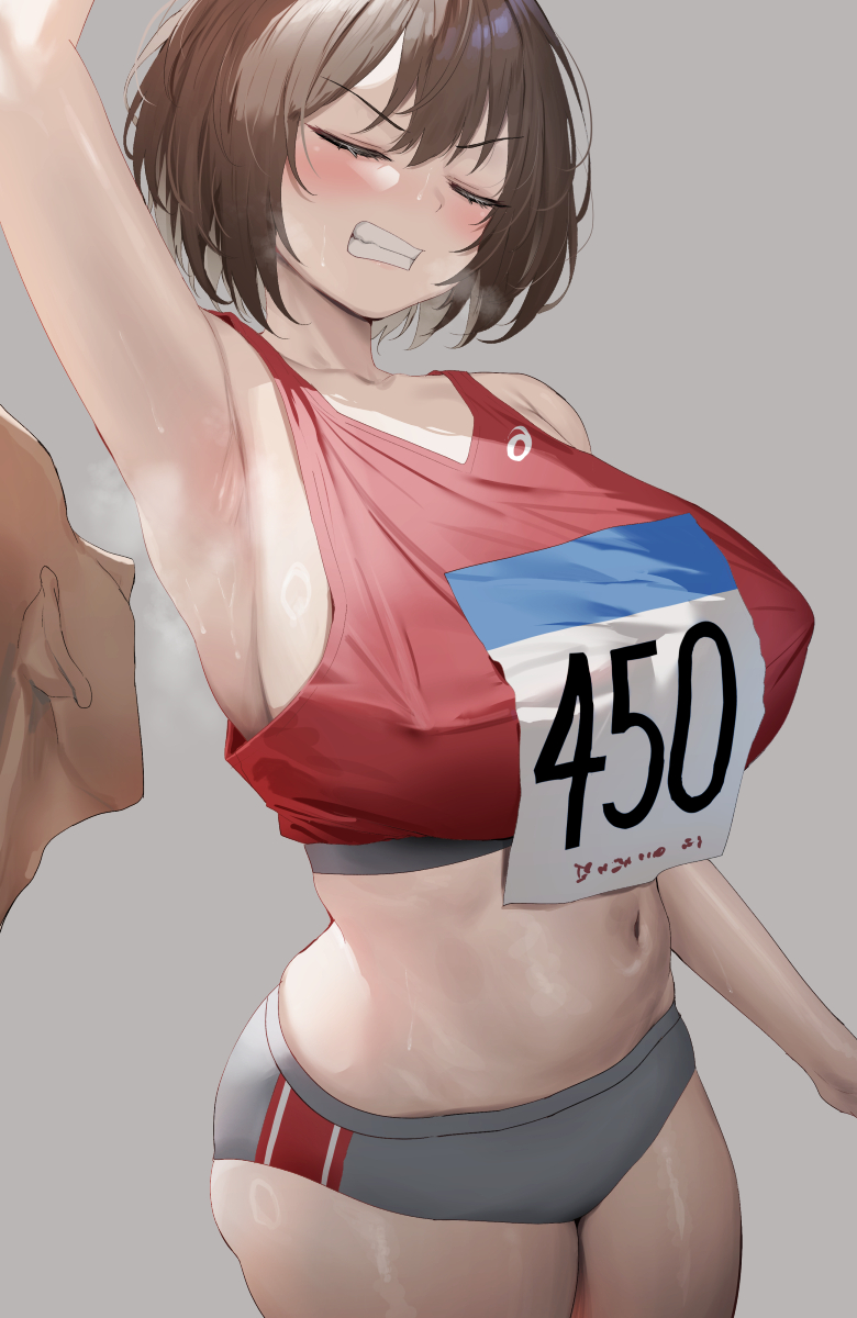 1boy 1girl arm_up armpits bare_shoulders blush breasts brown_hair buruma clenched_teeth closed_eyes collarbone covered_nipples faceless faceless_male grey_buruma highres large_breasts navel oekakizuki original red_sports_bra short_hair sports_bra teeth thighs