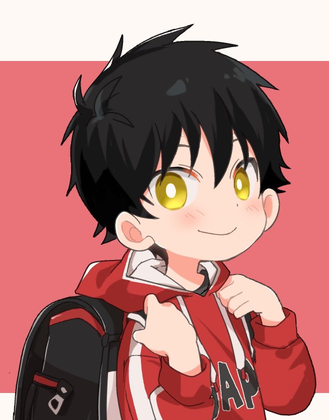 1boy 62isako backpack bag black_hair blush child closed_mouth commentary_request grin holding_strap hood hooded_jacket hoodie jacket long_sleeves looking_at_viewer male_focus original randoseru red_background red_jacket short_hair simple_background smile solo upper_body yellow_eyes