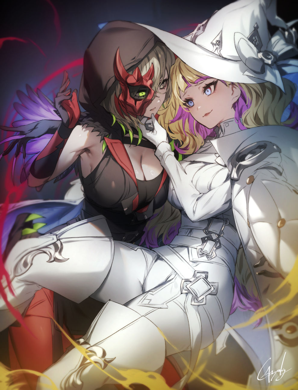 2girls blonde_hair blue_eyes breasts cleavage colored_tips detached_sleeves diabellstar_the_black_witch diabellze_of_the_original_sin dress duel_monster eye_of_horus genyaky gloves green_eyes green_hair grey_hair half_mask hand_on_another's_chin hat highres hood hood_up large_breasts long_hair mask medium_hair multicolored_hair multiple_girls open_mouth pale_skin purple_hair red_mask single_detached_sleeve single_sleeve smile streaked_hair white_dress witch_hat yu-gi-oh!