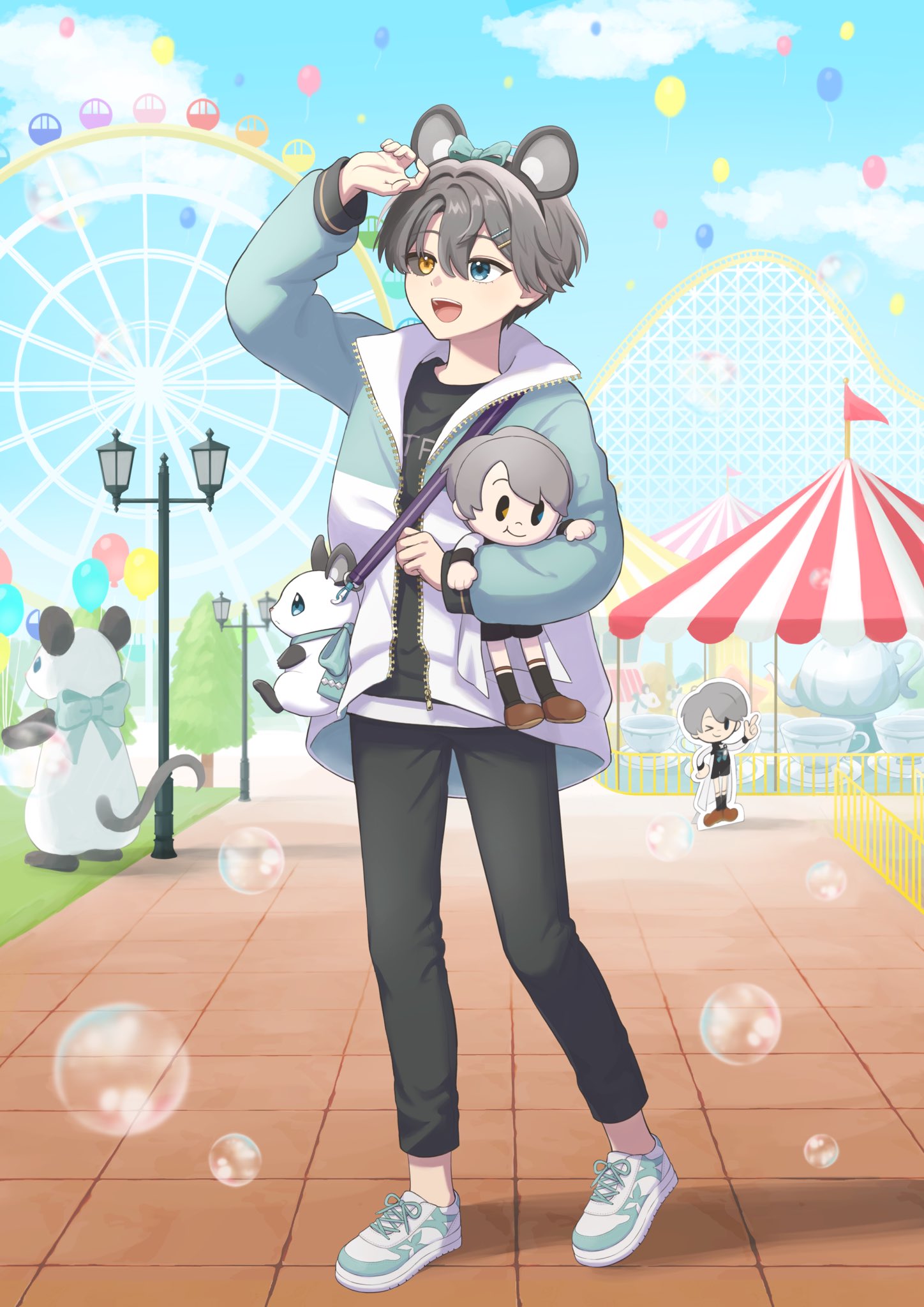 1boy :d amusement_park animal_bag animal_ears arm_up bag balloon black_pants black_sclera black_skirt blue_eyes blue_jacket blue_sky brick_floor bubble character_doll cloud colored_sclera doll fake_animal_ears ferris_wheel full_body grass grey_hair hair_ornament hairclip hand_up heterochromia highres holding holding_doll jacket lamppost long_sleeves looking_afar mismatched_sclera mouse_ears open_clothes open_jacket outdoors panri pants puffy_long_sleeves puffy_sleeves reverse:1999 roller_coaster shoes short_hair shoulder_bag skirt sky smile sneakers solo spinning_teacup standing teeth tree upper_teeth_only white_footwear x_(reverse:1999) yellow_eyes zipper
