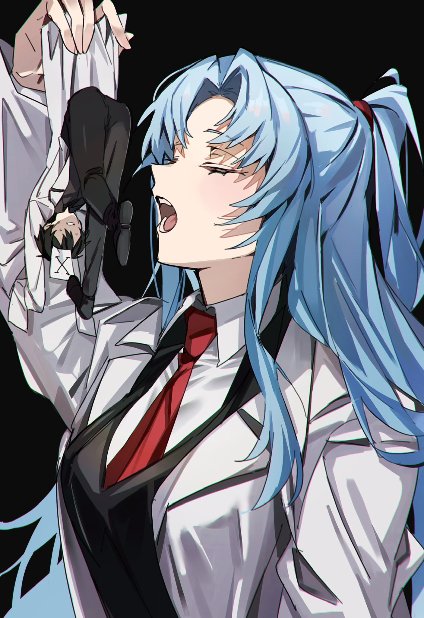 1boy 1girl angela_(project_moon) arm_up ayin_(project_moon) black_jacket black_pants blue_hair closed_eyes coat collared_shirt highres jacket lab_coat lobotomy_corporation long_hair mini_person miniboy mu46016419 necktie one_side_up open_mouth pants parted_bangs project_moon red_necktie shirt sidelocks very_long_hair white_coat white_shirt x_(project_moon)