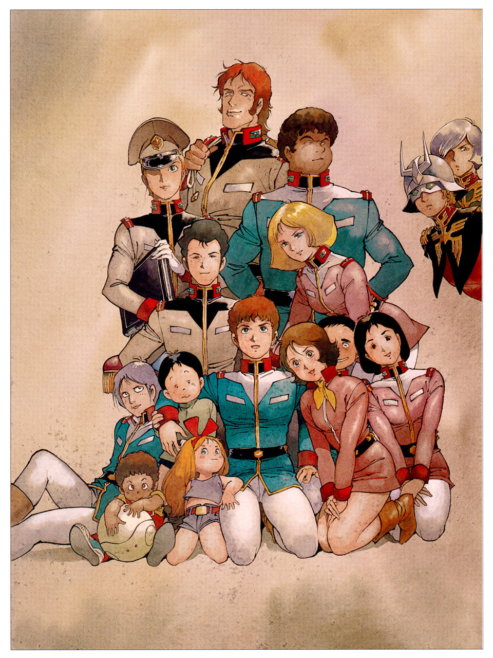 1980s_(style) amuro_ray bag black_hair blonde_hair bright_noa brown_hair char_aznable child crowd earth_federation eye_mask fraw_bow garma_zabi gundam hair_ribbon haro hat hayato_kobayashi helmet highres kai_shiden katz_kobayashi kikka_kitamoto kneeling letz_cofan manly matilda_ajan military military_uniform mirai_yashima mobile_suit_gundam notebook orange_hair photobomb posing promotional_art purple_hair red_hair retro_artstyle ribbon robot ryu_jose sayla_mass scan science_fiction sideburns sitting size_difference sleggar_law traditional_media uniform yasuhiko_yoshikazu zeon