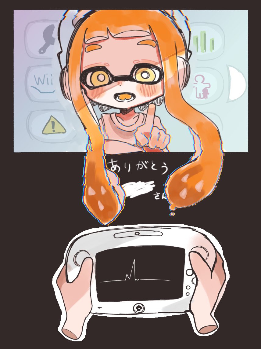 1girl blush bright_pupils collarbone colored_tongue game_console hand_up headphones index_finger_raised inkling inkling_girl inkling_player_character long_hair looking_at_viewer lower_teeth_only open_mouth orange_hair orange_tongue pointing pointing_at_viewer pomepome_05 shirt short_sleeves splatoon_(series) splatoon_1 t-shirt teeth tentacle_hair very_long_hair white_pupils white_shirt wii_u wii_u_gamepad yellow_eyes