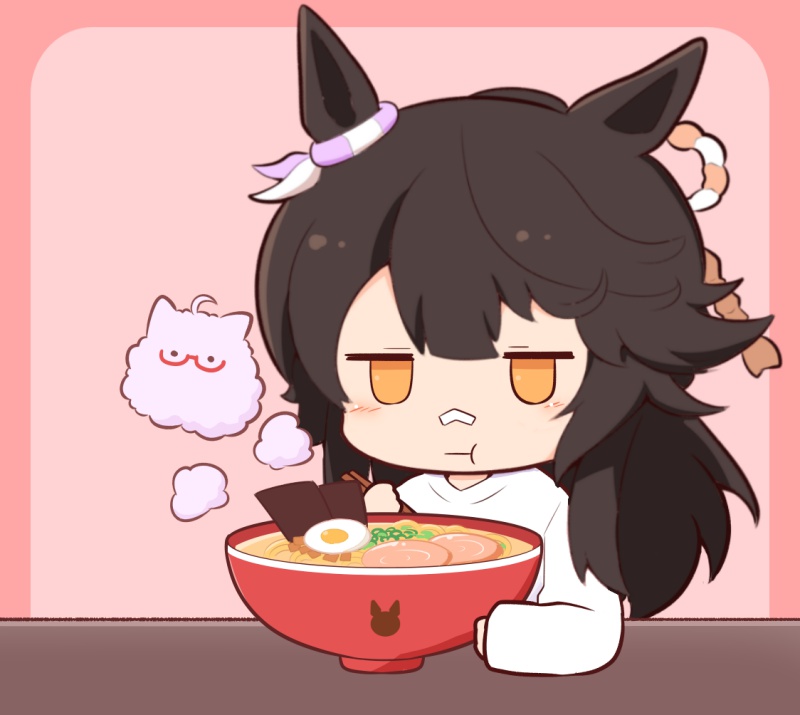 1girl :t ahoge animal_ears biwa_hayahide_(umamusume) black_hair bowl chibi chopsticks closed_mouth eating food glasses gomashio_(goma_feet) holding holding_chopsticks horse_ears jitome long_hair long_sleeves narita_brian_(umamusume) noodles orange_eyes pink_background ponytail ramen red-framed_eyewear semi-rimless_eyewear shirt sleeves_past_wrists two-tone_background umamusume under-rim_eyewear upper_body very_long_hair white_shirt