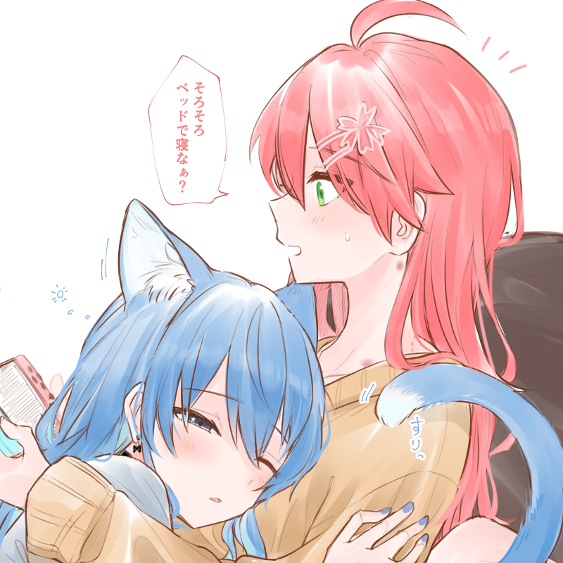 2girls ahoge bite_mark blue_eyes blue_hair blue_nails cat_girl cat_tail commentary_request controller cuddling game_controller green_eyes hand_on_another's_arm hickey holding holding_controller holding_game_controller hololive hoshimachi_suisei hug kemonomimi_mode long_hair multiple_girls nintendo_switch notice_lines one_eye_closed parted_lips pink_hair sakura_miko simple_background sitting speech_bubble sweatdrop tail translation_request tsubudashi virtual_youtuber white_background yuri