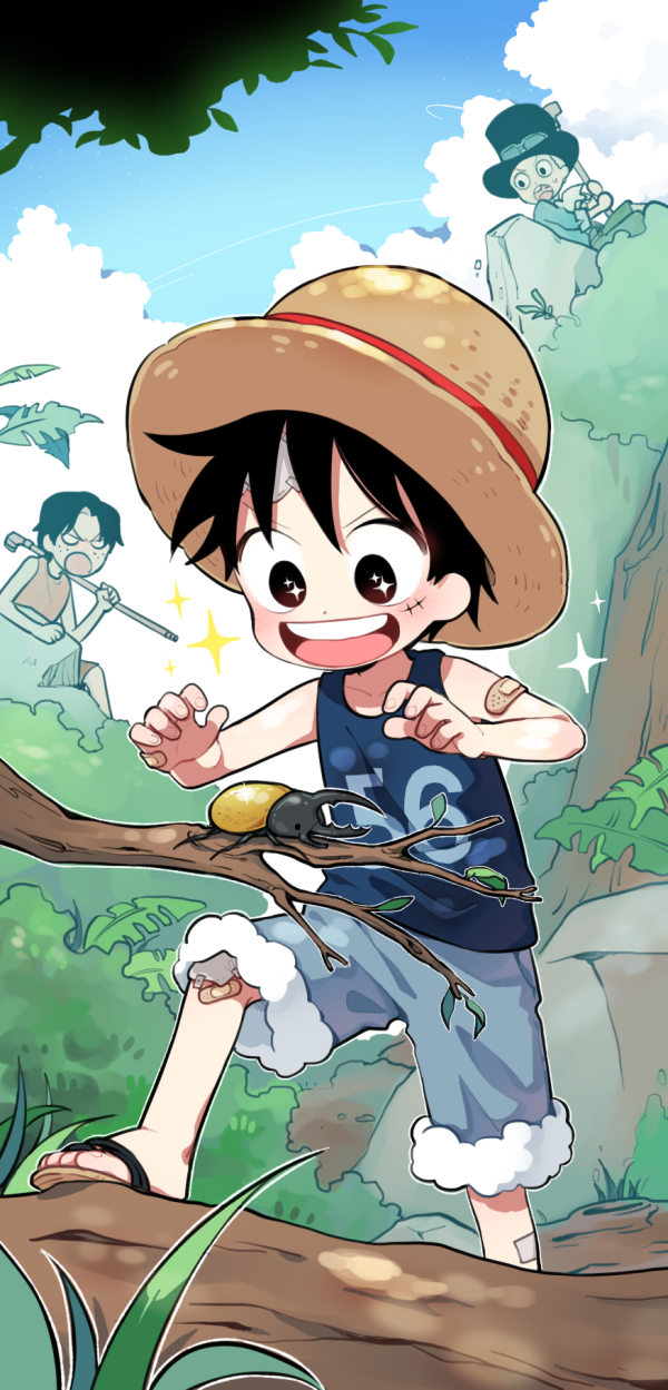 3boys aged_down bandaid bandaid_on_arm black_hair blue_sky blush brothers child commentary excited forest freckles full_body grabbing hat highres log looking_down male_focus missing_tooth mob0322 monkey_d._luffy multiple_boys nature one_piece portgas_d._ace rhinoceros_beetle sabo_(one_piece) sandals scar scar_on_cheek scar_on_face short_hair short_sleeves shorts siblings sky smile sparkling_eyes standing straw_hat teeth top_hat tree upper_teeth_only