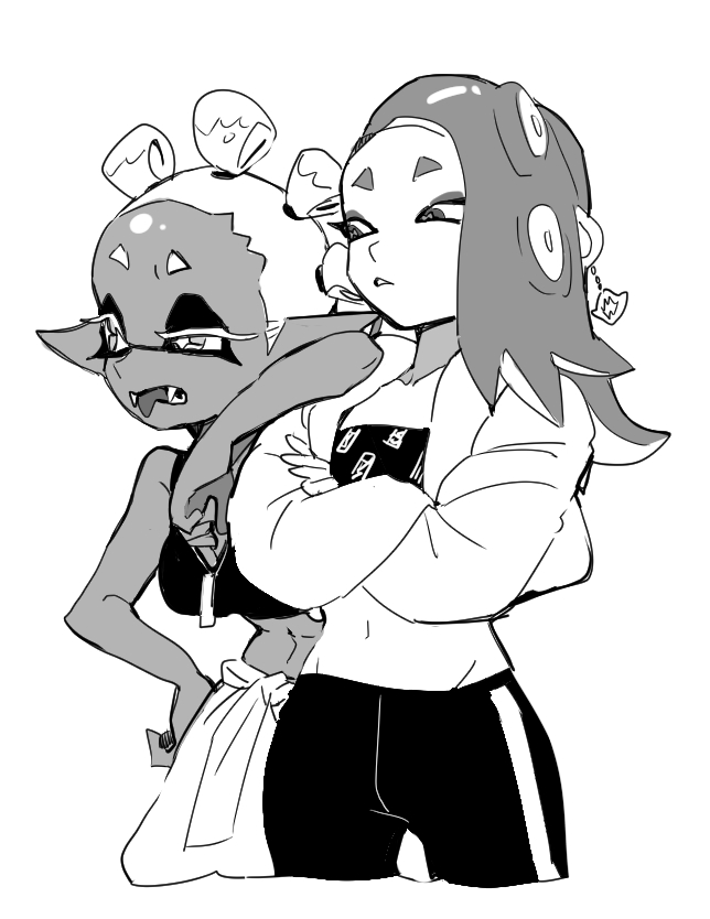 2girls bare_shoulders black_bra black_tube_top bra breasts cephalopod_eyes collarbone commentary cropped_legs crossed_arms dark-skinned_female dark_skin dede_(qwea_00000) earrings fangs frye_(splatoon) greyscale groin half-closed_eye hand_on_another's_shoulder hand_on_own_hip inkling jacket jewelry long_hair looking_at_another midriff monochrome multiple_girls navel octoling official_alternate_costume open_mouth pants parted_lips pointy_ears shiver_(splatoon) short_eyebrows simple_background single_earring splatoon_(series) splatoon_3 star-shaped_pupils star_(symbol) strapless suction_cups symbol-only_commentary symbol-shaped_pupils tentacle_hair tongue tongue_out track_pants tube_top underwear white_background