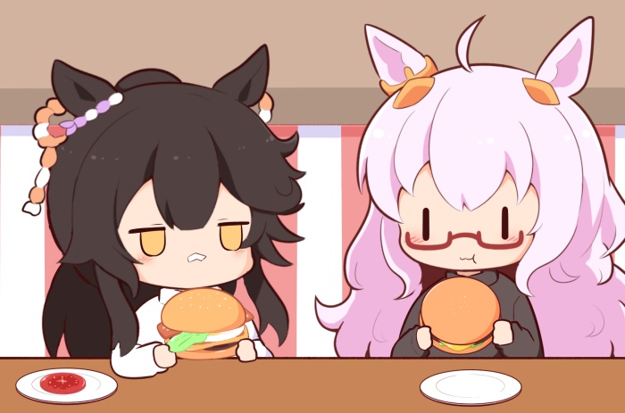 2girls :t animal_ears biwa_hayahide_(umamusume) black_hair black_shirt blush_stickers brown_eyes burger chibi closed_mouth eating food glasses gomashio_(goma_feet) hair_between_eyes holding holding_food horse_ears jitome long_hair long_sleeves multiple_girls narita_brian_(umamusume) pink_hair ponytail red-framed_eyewear semi-rimless_eyewear shirt umamusume under-rim_eyewear upper_body very_long_hair wavy_mouth white_shirt |_|