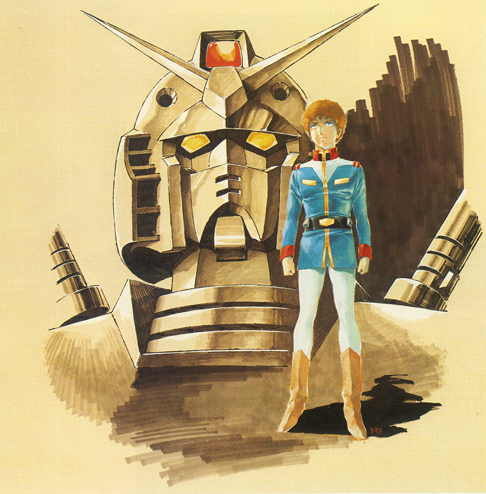 1970s_(style) 1boy amuro_ray belt boots concept_art gundam ink_(medium) marker_(medium) mecha military mobile_suit mobile_suit_gundam official_art production_art red_hair retro_artstyle robot rx-78-2 scan science_fiction serious short_hair signature sketch traditional_media uniform upper_body v-fin yasuhiko_yoshikazu