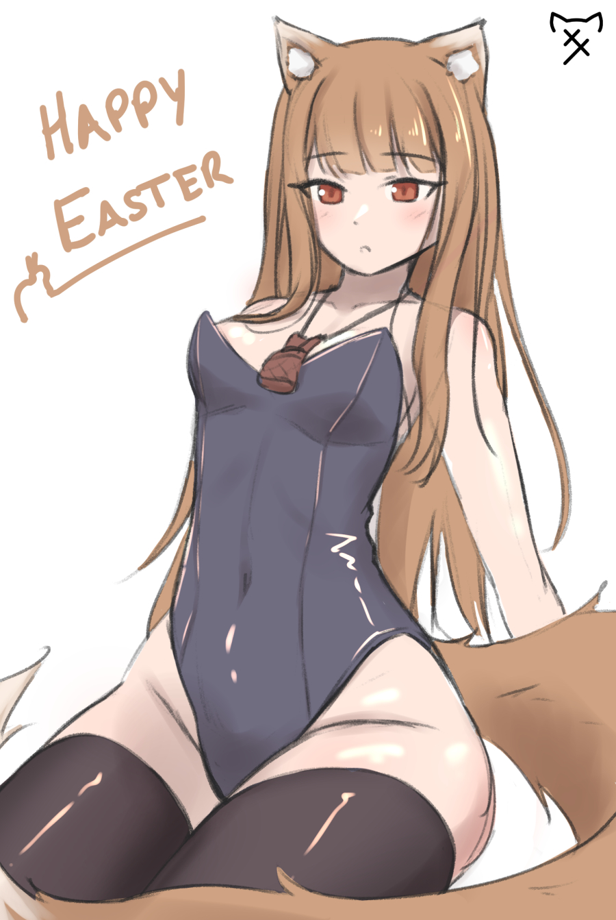 1girl :o animal_ears bare_shoulders black_leotard black_thighhighs blunt_bangs blush collarbone commentary covered_navel cowboy_shot curvy english_commentary groin hair_over_shoulder happy_easter highleg highleg_leotard highres holo jewelry leotard looking_at_viewer necklace nontraditional_playboy_bunny nyaxxy open_mouth red_eyes sidelocks simple_background sitting sketch solo spice_and_wolf strapless strapless_leotard tail thighhighs white_background wolf_ears wolf_girl wolf_tail