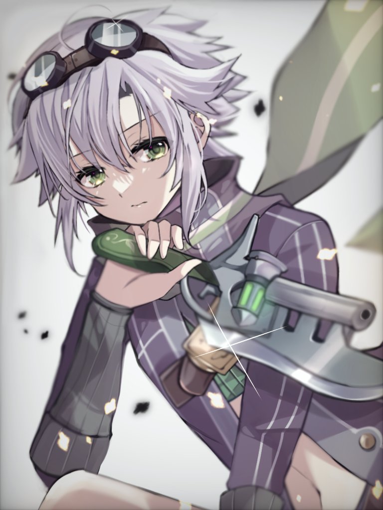 1girl black_shirt blurry closed_mouth commentary depth_of_field eiyuu_densetsu eyelashes fie_claussell fighting_stance glint goggles goggles_on_head green_eyes green_scarf grey_background grey_hair hair_between_eyes hand_up holding holding_knife knife long_sleeves looking_at_viewer natsusechoco navel scarf sen_no_kiseki sen_no_kiseki_ii serious shirt short_hair simple_background solo spiked_hair upper_body