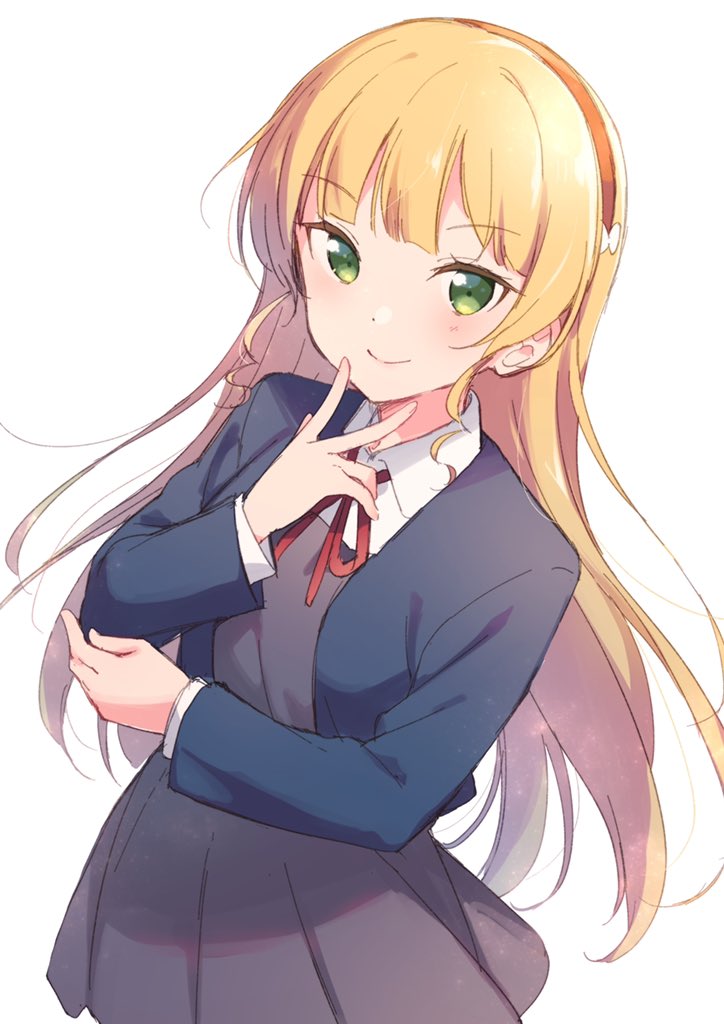 1girl blazer blonde_hair closed_mouth commentary_request dress green_eyes grey_dress hazuki_(sutasuta) heanna_sumire jacket long_sleeves looking_at_viewer love_live! love_live!_superstar!! neck_ribbon open_clothes open_jacket pinafore_dress red_ribbon ribbon school_uniform simple_background smile solo upper_body white_background yuigaoka_school_uniform