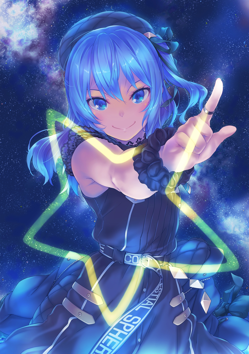 1girl bangs belt belt_buckle beret black_dress blue_eyes blue_hair buckle closed_mouth commentary dress eyebrows_behind_hair flat_chest hat highres hololive hoshimachi_suisei index_finger_raised jewelry long_hair looking_at_viewer nanakusa one_side_up outstretched_arm ring scrunchie sleeveless sleeveless_dress smile snap-fit_buckle space star_(symbol) star_in_eye symbol_in_eye virtual_youtuber wrist_scrunchie