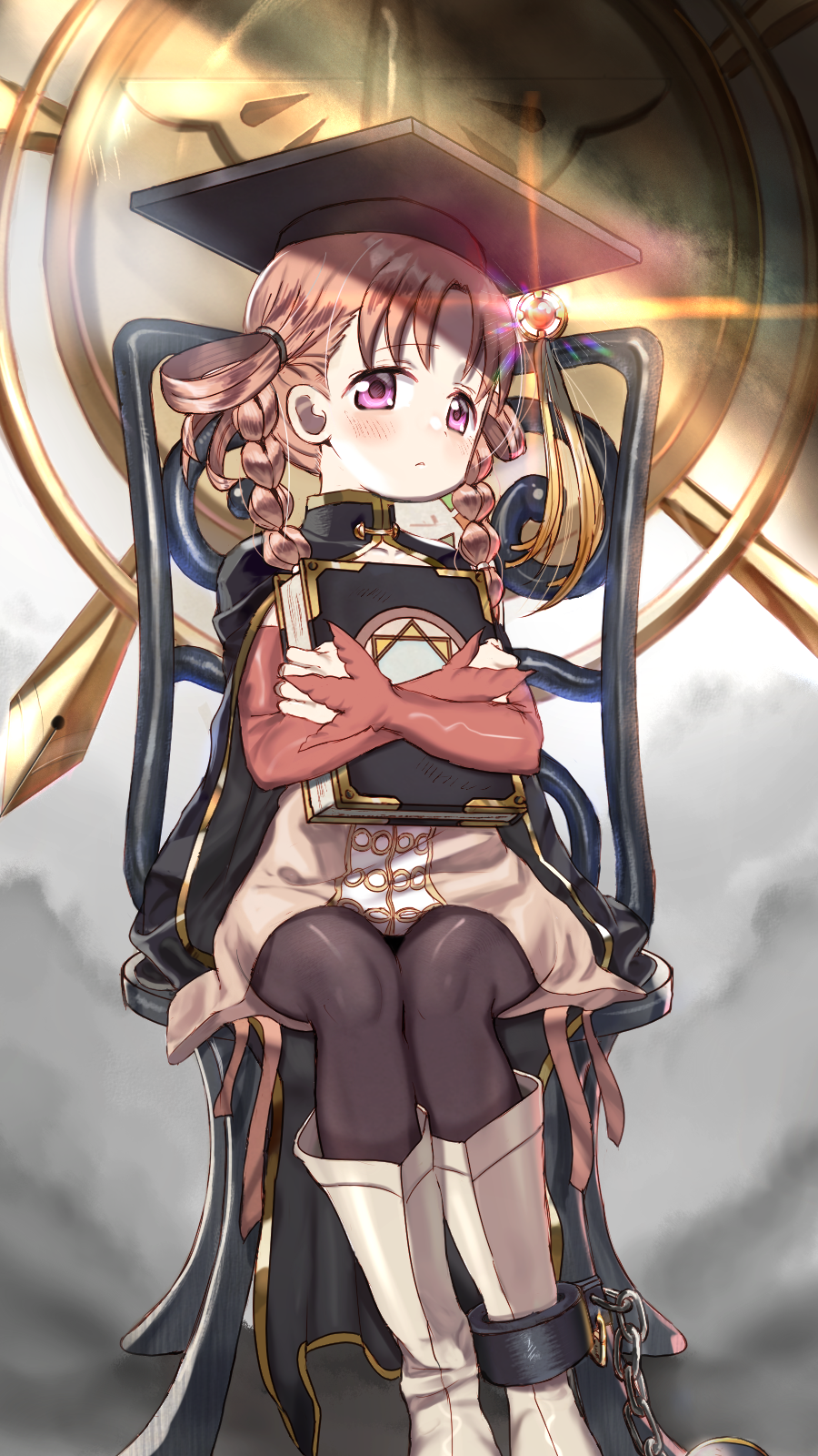 1girl alknasn book boots braid brown_hair cape chair dress hat highres hiiragi_nemu looking_at_viewer magia_record:_mahou_shoujo_madoka_magica_gaiden magical_girl mahou_shoujo_madoka_magica mortarboard object_hug pantyhose purple_eyes sitting solo soul_gem white_footwear