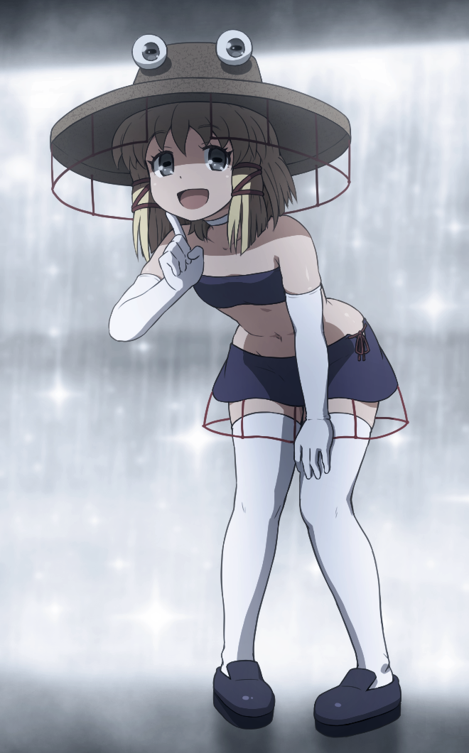 1girl :d adapted_costume bandeau bangs bare_shoulders blonde_hair choker collarbone commentary elbow_gloves eyebrows_visible_through_hair flat_chest full_body gloves grey_eyes hand_on_own_knee hat horizontal_pupils index_finger_raised leaning_forward looking_at_viewer medium_hair midriff miniskirt moriya_suwako navel open_mouth pigeon-toed purple_bandeau purple_footwear purple_skirt purple_tube_top rain shirosato shoes skirt smile solo standing stomach strapless thighhighs touhou tube_top white_choker white_gloves white_legwear zettai_ryouiki