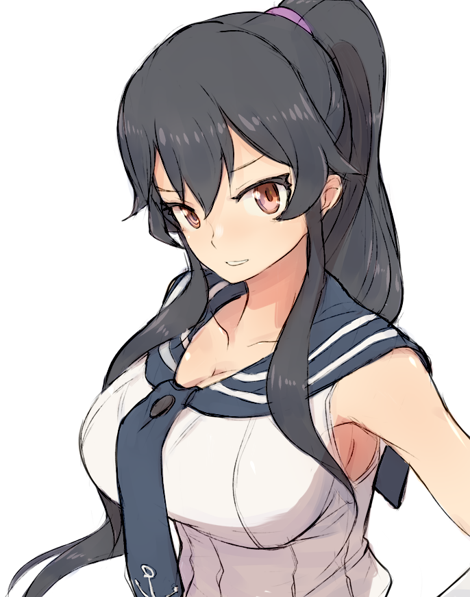 1girl alchera black_hair blue_necktie breasts cleavage kantai_collection large_breasts long_hair necktie ponytail red_eyes school_uniform scrunchie serafuku sidelocks simple_background sleeveless solo uniform upper_body white_background yahagi_(kancolle)