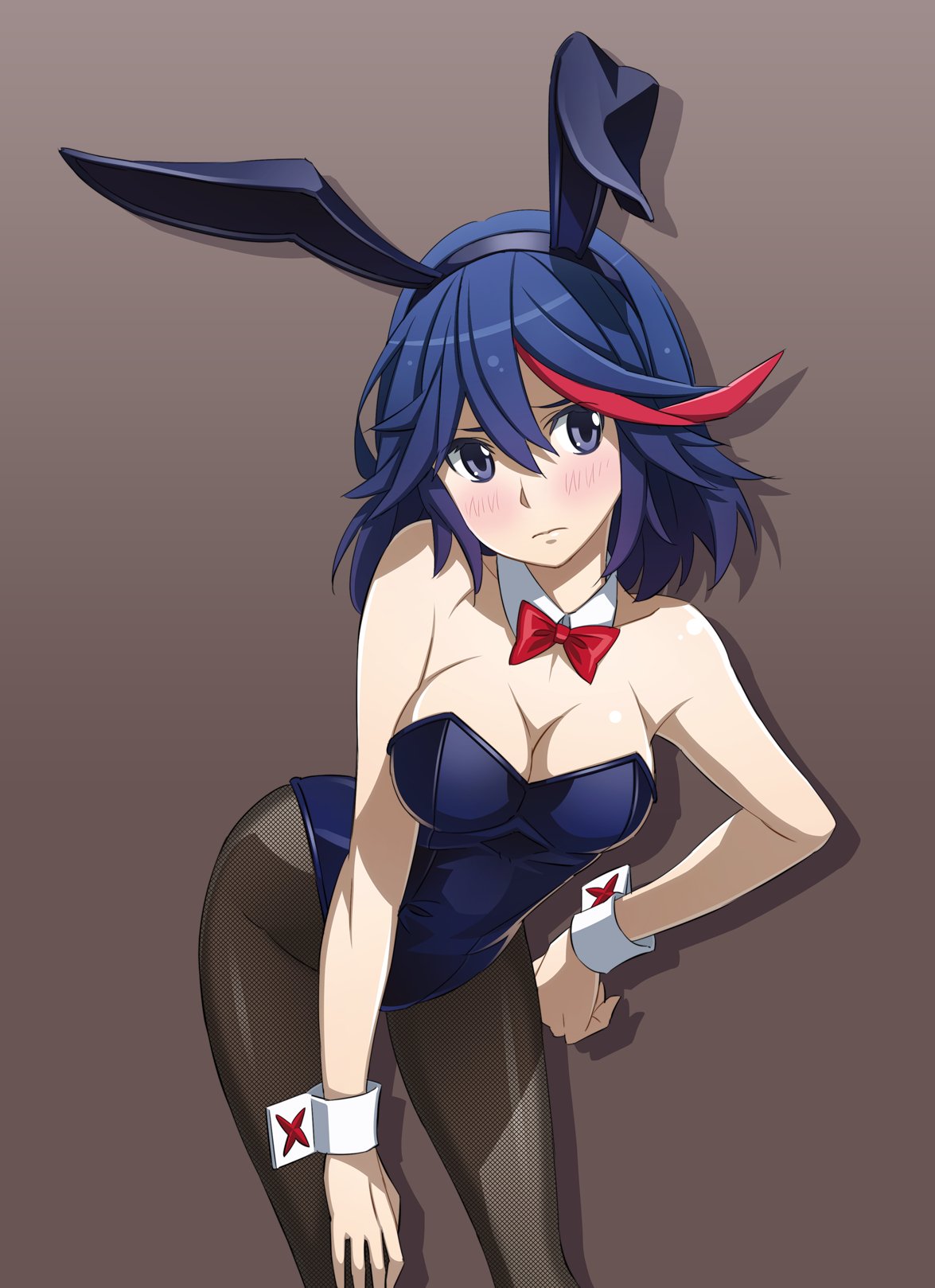 1girl animal_ears bent_over black_legwear blue_hair blue_leotard blush bob_cut bow bowtie breasts cleavage commentary detached_collar fake_animal_ears fishnet_legwear fishnets furrowed_brow grey_background highres kill_la_kill leaning_forward leotard light_frown matoi_ryuuko medium_breasts multicolored_hair playboy_bunny rabbit_ears red_bow red_bowtie red_hair short_hair solo streaked_hair wrist_cuffs yamanami_kousuke