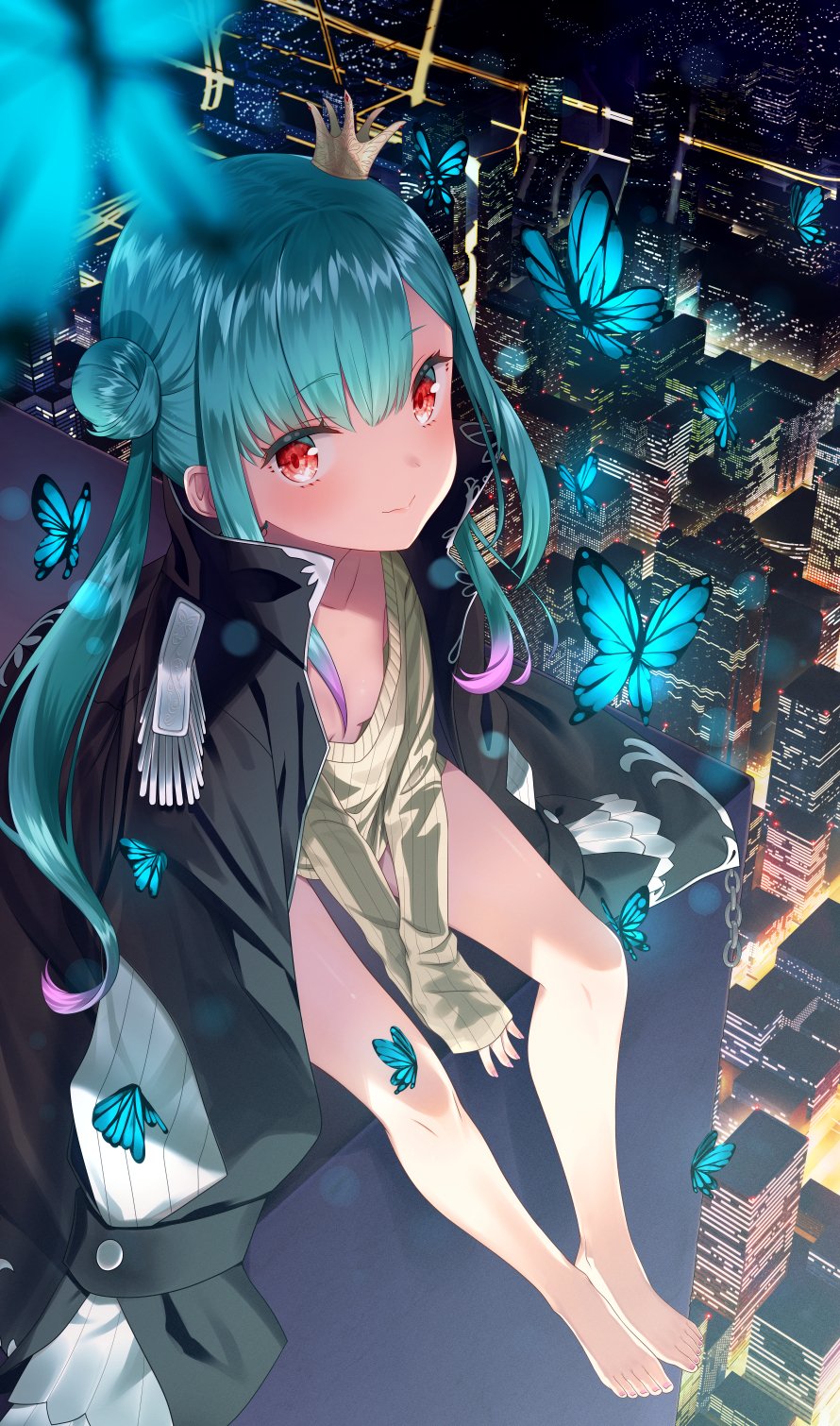 1girl bangs barefoot beige_sweater black_coat breasts bug butterfly cityscape closed_mouth coat coat_on_shoulders collarbone crown eyebrows_visible_through_hair gradient_hair green_hair highres hololive long_hair long_sleeves looking_at_viewer mini_crown multicolored_hair night pink_hair red_eyes sitting small_breasts smile solo uruha_rushia virtual_youtuber yasuyuki