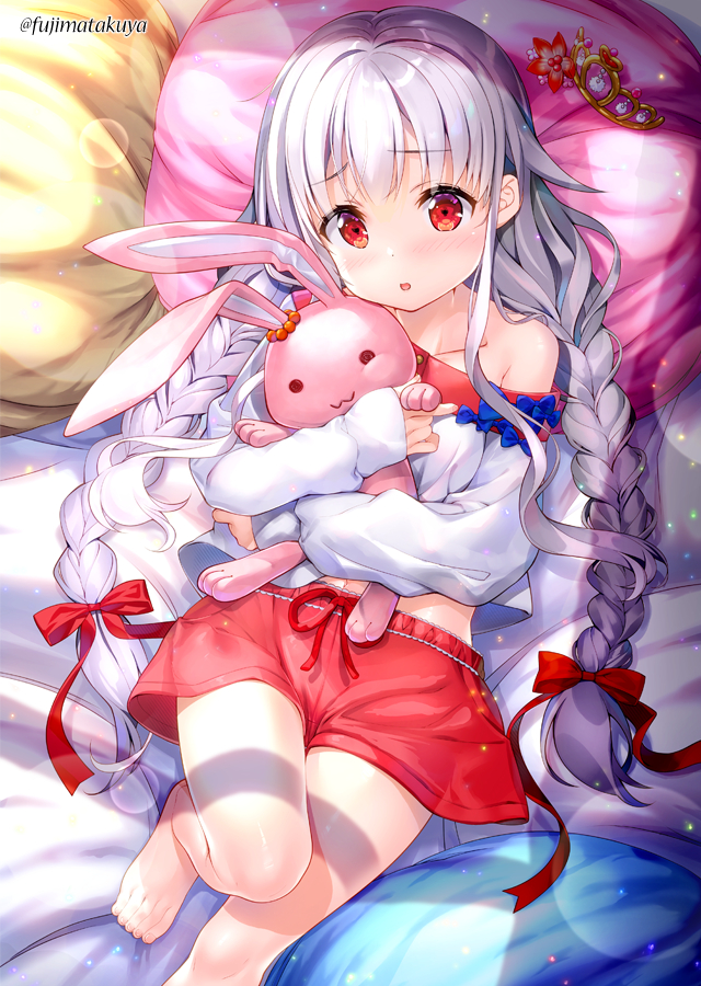 1girl bangs bare_shoulders barefoot bed_sheet blush braid breasts character_request collarbone commentary_request eyebrows_visible_through_hair feet_out_of_frame fujima_takuya grey_hair isekai_ni_tobasaretara_papa_ni_nattandaga knee_up long_hair long_sleeves low_twintails lying navel object_hug off-shoulder_shirt off_shoulder on_back parted_lips pillow puffy_long_sleeves puffy_sleeves red_eyes red_shorts shirt short_shorts shorts sleeves_past_wrists small_breasts solo stuffed_animal stuffed_bunny stuffed_toy tiara twin_braids twintails twitter_username very_long_hair white_shirt