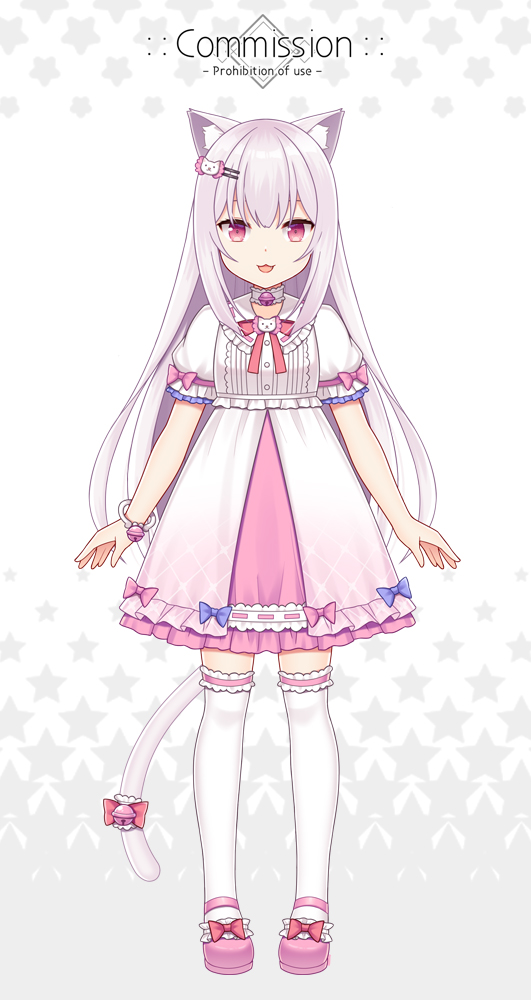 1girl :3 :d animal_ear_fluff animal_ears bow cat_ears cat_girl cat_tail commentary_request commission dress english_text frilled_legwear full_body hair_ornament hairclip hitsuki_rei indie_virtual_youtuber long_hair looking_at_viewer open_mouth pink_footwear puffy_short_sleeves puffy_sleeves red_bow red_eyes shoes short_sleeves silver_hair smile solo standing starry_background tail thighhighs vanilla_shironeko very_long_hair virtual_youtuber white_background white_dress white_legwear