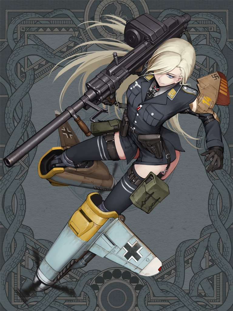 1girl autocannon balkenkreuz belt_pouch bf_109 black_gloves black_jacket black_legwear blonde_hair blue_eyes cannon closed_mouth cross dairoku_ryouhei full_body gloves grey_background gun hair_over_one_eye hetza_(hellshock) holster iron_cross jacket long_hair looking_at_viewer machine_gun mecha_musume military military_uniform no_pants pouch smile solo swastika thigh_strap uniform very_long_hair weapon