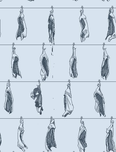 1girl blazer blood carcass dithering food hamsterfragment hand_up hanging hatching_(texture) hook jacket jaggy_line long_sleeves meat medium_hair monochrome odd_one_out original raw_meat school_uniform solo string suicidal_girl_(hamsterfragment) wide_shot