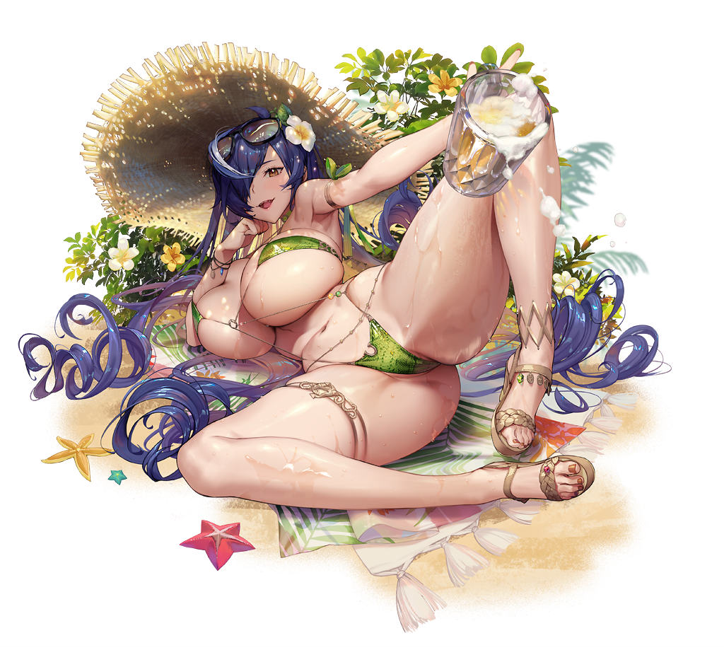 1girl alcohol bangs beer beer_mug bikini blue_hair breasts brown_eyes cup destiny_child eyewear_on_head flower green_bikini hair_over_one_eye hat holding holding_cup huge_breasts kkuem long_hair mug multicolored_hair nail_polish official_art open_mouth phorcys_(destiny_child) red_nails sandals spread_legs starfish straw_hat streaked_hair sunglasses swimsuit thigh_strap thighs toenail_polish toenails very_long_hair wet white_flower yellow_flower