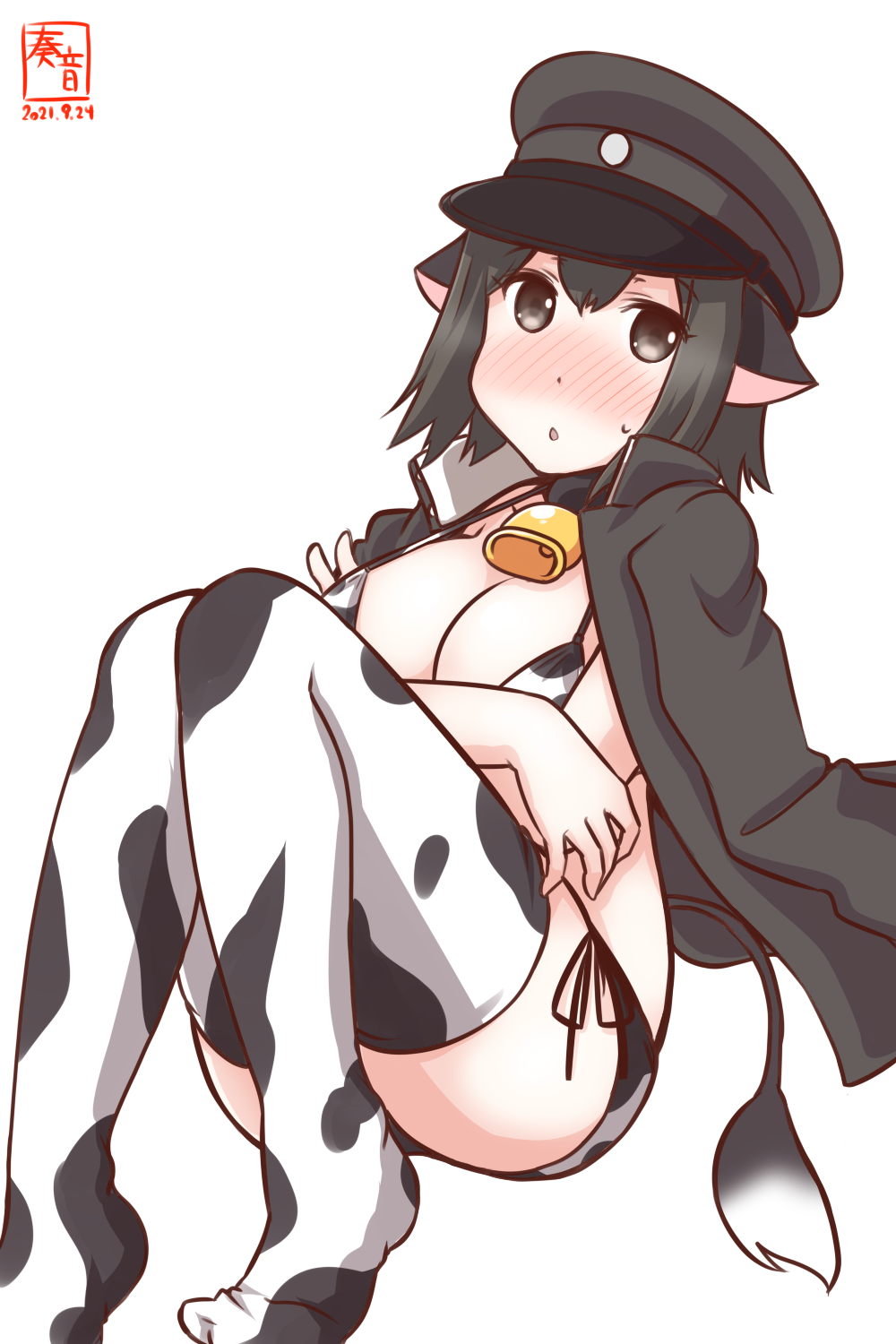 1girl akitsu_maru_(kancolle) alternate_costume animal_ears animal_print artist_logo bell bikini black_hair black_headwear blush breasts clothes_on_shoulders cow_ears cow_girl cow_print cow_tail cowbell dated grey_eyes hat highres jacket jacket_on_shoulders kanon_(kurogane_knights) kantai_collection large_breasts looking_at_viewer neck_bell one-hour_drawing_challenge pale_skin peaked_cap print_bikini print_legwear short_hair side-tie_bikini simple_background solo swimsuit tail thighhighs white_background
