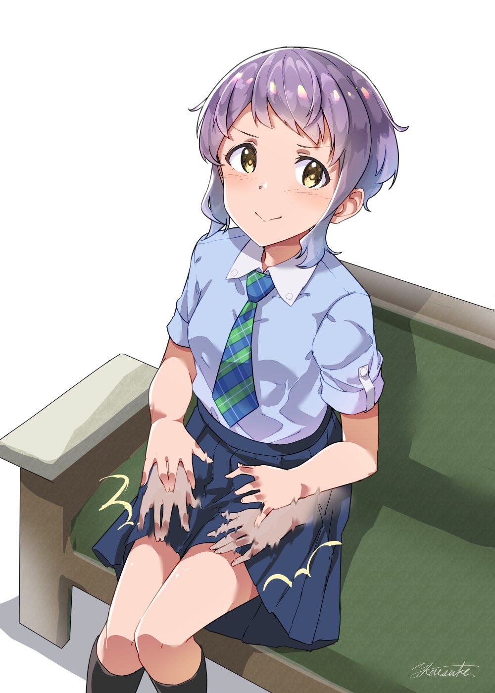 1girl :&lt; black_legwear blue_shirt blue_skirt breasts commentary_request couch ears highres idolmaster idolmaster_million_live! lap_pillow_invitation legs looking_at_viewer makabe_mizuki necktie pleated_skirt purple_hair shirt short_hair short_sleeves sidelocks signature sitting skirt slapping small_breasts solo thighs v-shaped_eyebrows white_background wing_collar yanagita_kousuke yellow_eyes