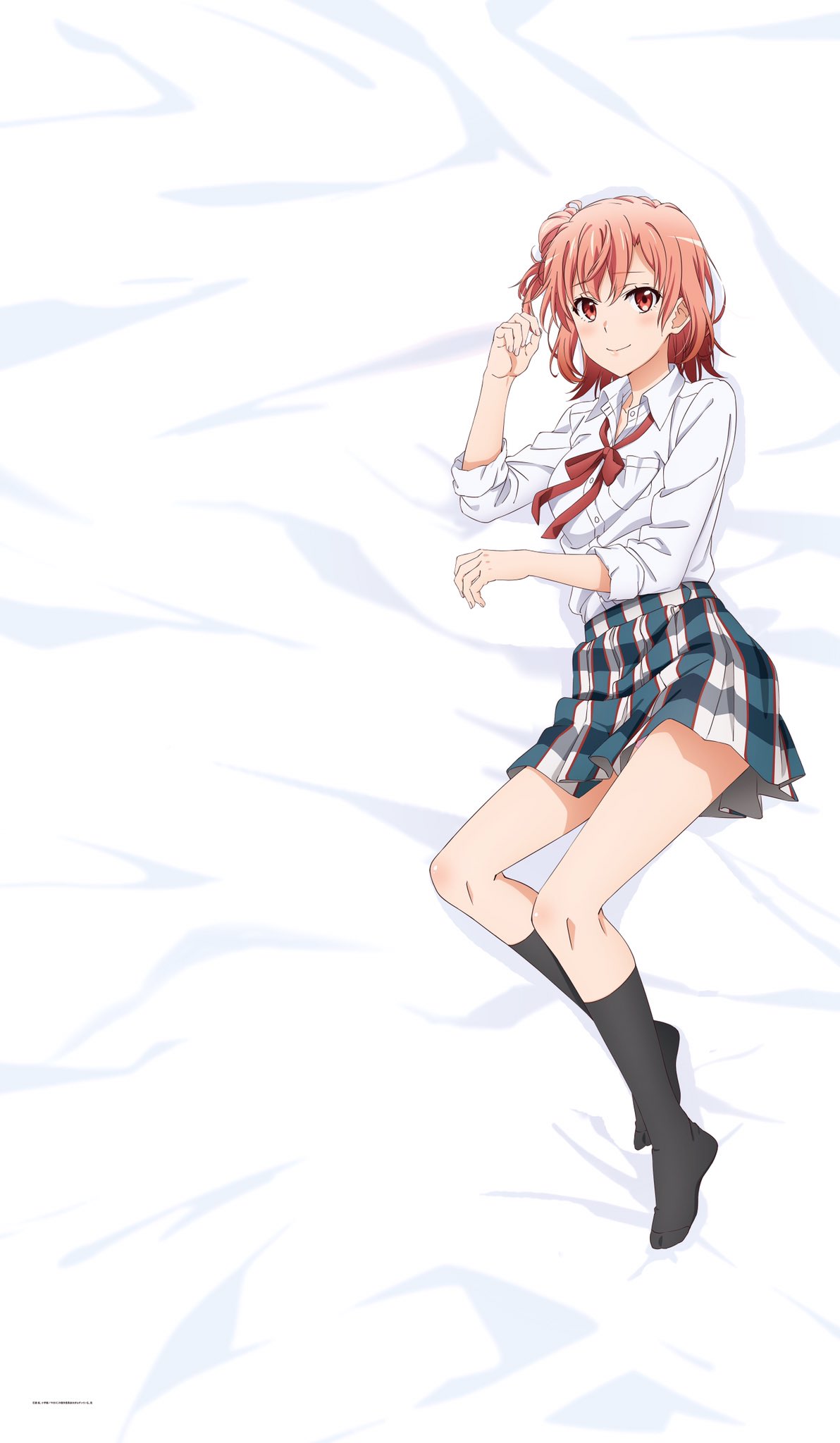 1girl bed_sheet black_legwear commentary_request embarrassed full_body hair_bun highres kneehighs looking_at_viewer lying miniskirt no_shoes official_art on_side pink_hair red_eyes school_uniform shirt skirt sleeves_rolled_up smile solo striped striped_skirt white_shirt yahari_ore_no_seishun_lovecome_wa_machigatteiru. yuigahama_yui