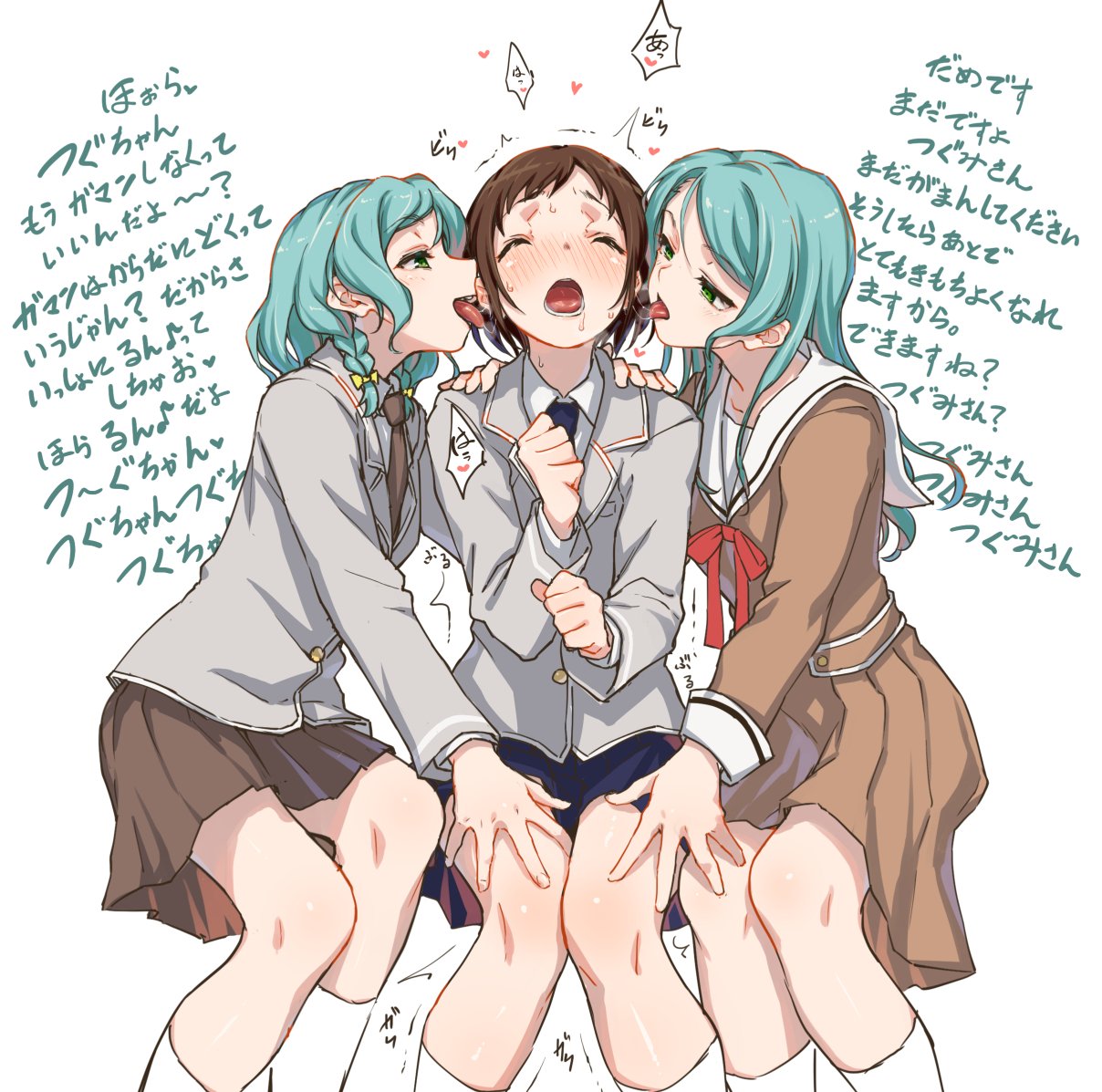 3girls ^^^ aya_shachou bang_dream! blue_hair blue_skirt blush breath brown_dress brown_necktie brown_skirt commentary_request dress drooling eargasm eyebrows_visible_through_hair green_eyes grey_jacket hanasakigawa_school_uniform haneoka_school_uniform hazawa_tsugumi heavy_breathing hikawa_hina hikawa_sayo jacket kneehighs licking licking_ear long_hair long_sleeves looking_at_another multiple_girls neck_ribbon necktie open_mouth red_neckwear red_ribbon ribbon sailor_dress saliva saliva_trail school_uniform serafuku siblings sisters skirt smile socks tongue tongue_out translation_request trembling twins uncommon_stimulation white_legwear yuri