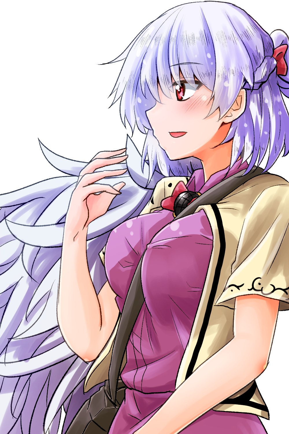 1girl angel_wings arm_up bag beige_jacket between_breasts blush bow bowtie braid breasts commentary_request cropped_legs dress eyebrows_visible_through_hair feathered_wings french_braid hair_between_eyes hair_bow half_updo highres kishin_sagume large_breasts looking_to_the_side one-hour_drawing_challenge open_mouth oshiaki purple_dress red_bow red_bowtie red_eyes short_hair short_sleeves silver_hair simple_background single_wing solo strap_between_breasts touhou white_background wings