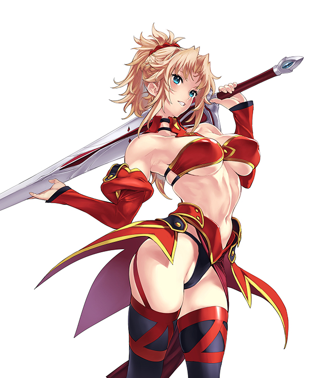 1girl alternate_breast_size bandeau bangs bare_shoulders black_legwear black_panties blonde_hair blue_eyes blush braid breasts bridal_gauntlets carrying_over_shoulder clarent_(fate) collarbone covered_nipples cowboy_shot detached_sleeves fate/apocrypha fate_(series) feet_out_of_frame french_braid grin hair_ornament hair_scrunchie large_breasts long_hair looking_at_viewer mordred_(fate) mordred_(fate/apocrypha) navel nishieda panties parted_bangs pelvic_curtain photoshop_(medium) ponytail red_scrunchie scrunchie sidelocks simple_background smile solo standing sword thighhighs thighs underwear v-shaped_eyebrows weapon white_background