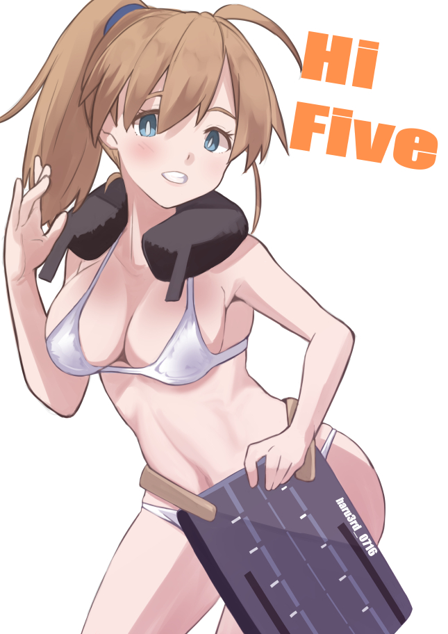 1girl bangs blue_eyes bra breasts brown_hair clenched_teeth intrepid_(kancolle) kantai_collection long_hair medium_breasts neck_pillow one-hour_drawing_challenge panties ponytail sanninme_no_haru simple_background solo teeth underwear white_background white_bra white_panties