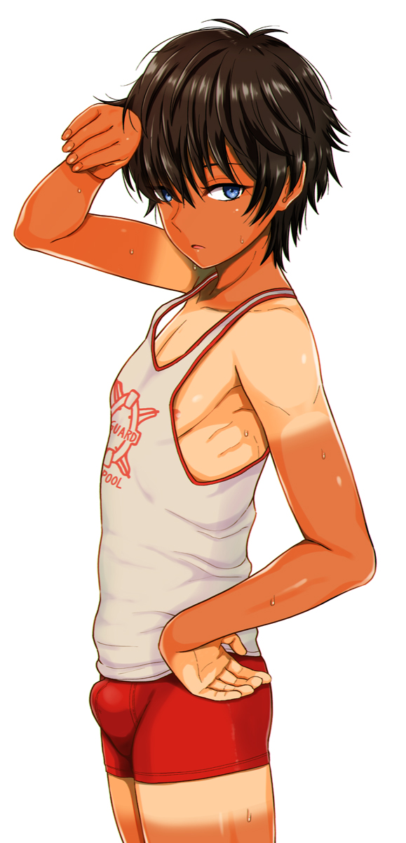 1boy areola_slip areolae ariake_hibari arm_up bangs bare_arms bare_shoulders bike_shorts blue_eyes bulge collarbone cowboy_shot dripping from_side highres looking_at_viewer male_focus original parted_lips pectorals print_shirt red_shorts shirt shirt_tan short_hair short_shorts shorts shorts_tan sleeveless sleeveless_shirt solo standing sweat tan tank_top tanlines white_tank_top