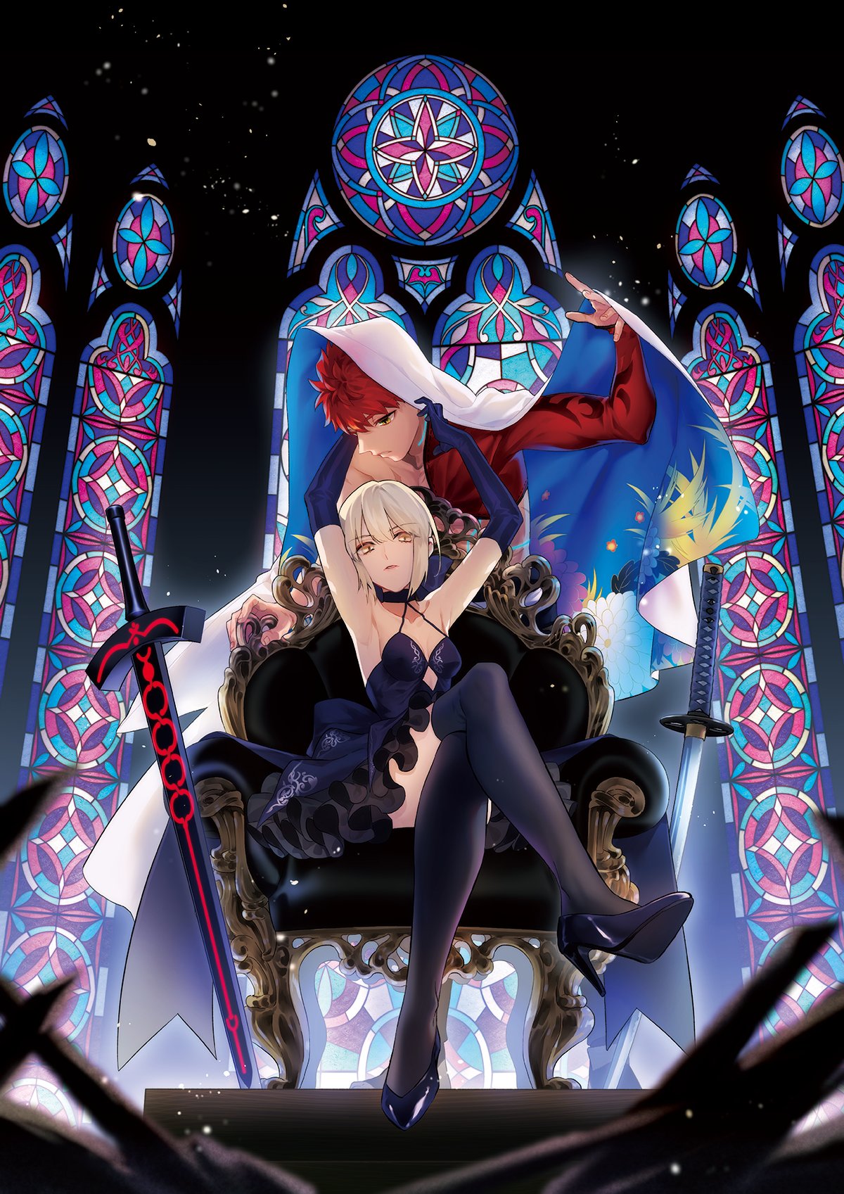 1boy 1girl artoria_pendragon_(fate) bangs bare_shoulders black_dress black_gloves blonde_hair blue_cape breasts cape chair closed_mouth crossed_legs dress elbow_gloves emiya_shirou excalibur_morgan_(fate) fate/grand_order fate/stay_night fate_(series) gloves high_heels highres looking_at_another looking_at_viewer magic_circuit on_chair orange_eyes otama_(atama_ohanabatake) red_hair saber_alter senji_muramasa_(fate) short_dress short_hair single_bare_shoulder sitting small_breasts sword thighhighs two-tone_cape weapon white_cape yellow_eyes