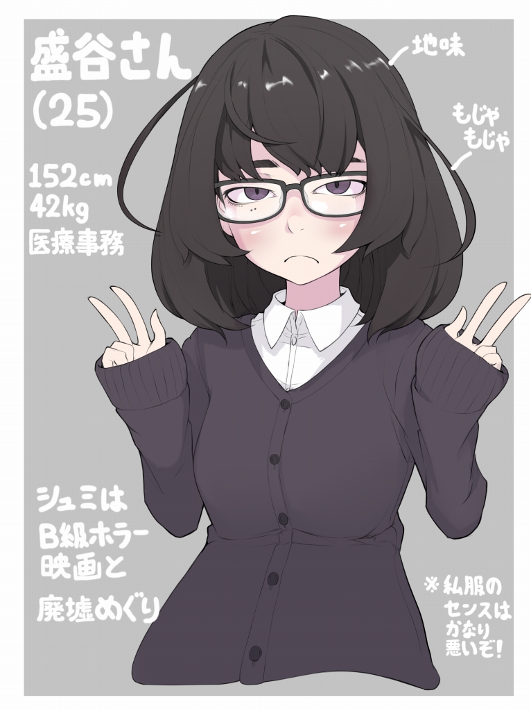 1girl black-framed_eyewear black_hair blush brown_eyes cardigan closed_mouth collared_shirt commentary double_v frown glasses ina_(gokihoihoi) long_sleeves looking_at_viewer medium_hair messy_hair mole mole_under_eye original shirt sleeves_past_wrists solo translated upper_body v white_shirt