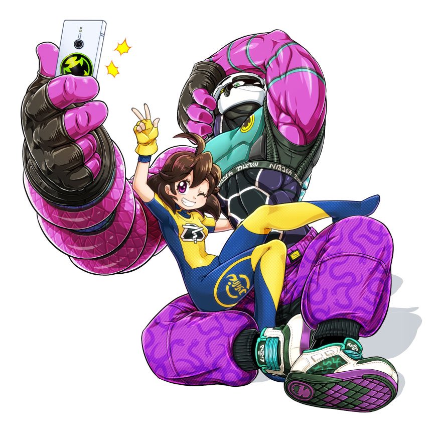 1boy 1girl ahoge animal_print arms_(game) bida black_gloves bodysuit brown_hair cellphone commentary_request fingerless_gloves gloves green_eyes grin helmet kid_cobra mask mechanica_(arms) muscular muscular_male one_eye_closed pants phone purple_eyes purple_pants selfie shoes simple_background sitting sitting_on_lap sitting_on_person smartphone smile snake_print sneakers v white_background white_footwear yellow_gloves