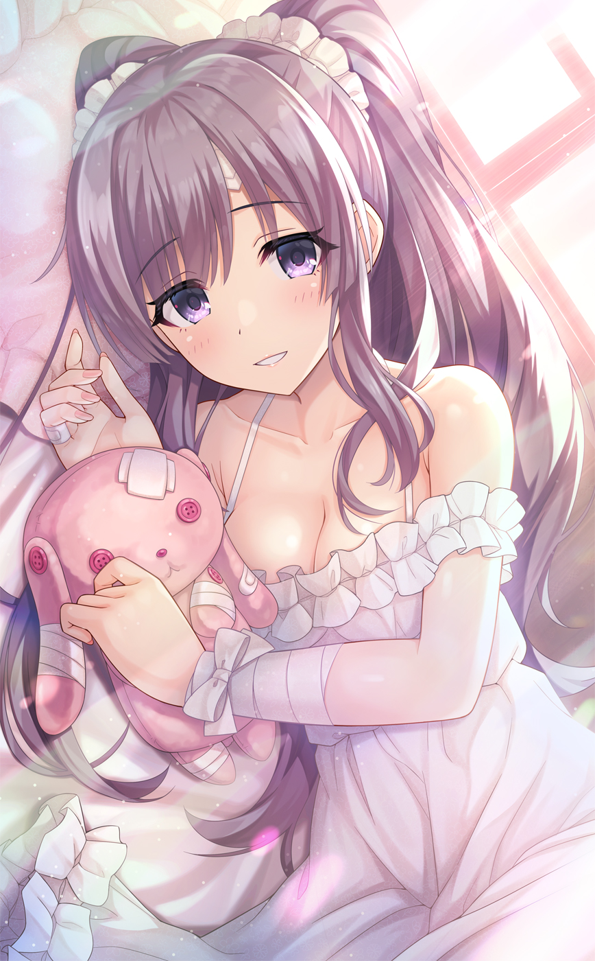 1girl bandaged_arm bandages bandaid bandaid_on_hand bangs bare_shoulders bed_sheet blush breasts button_eyes cleavage collarbone commentary_request crossed_bandaids dress eyebrows_visible_through_hair frilled_dress frills grey_hair grin hair_ribbon halter_dress halterneck highres idolmaster idolmaster_shiny_colors indoors long_hair looking_at_viewer lying medium_breasts off-shoulder_dress off_shoulder on_bed on_side parted_lips purple_eyes ribbon smile solo stuffed_animal stuffed_bunny stuffed_toy twintails upper_body urabi_(tomatohouse) very_long_hair white_dress white_ribbon window yuukoku_kiriko